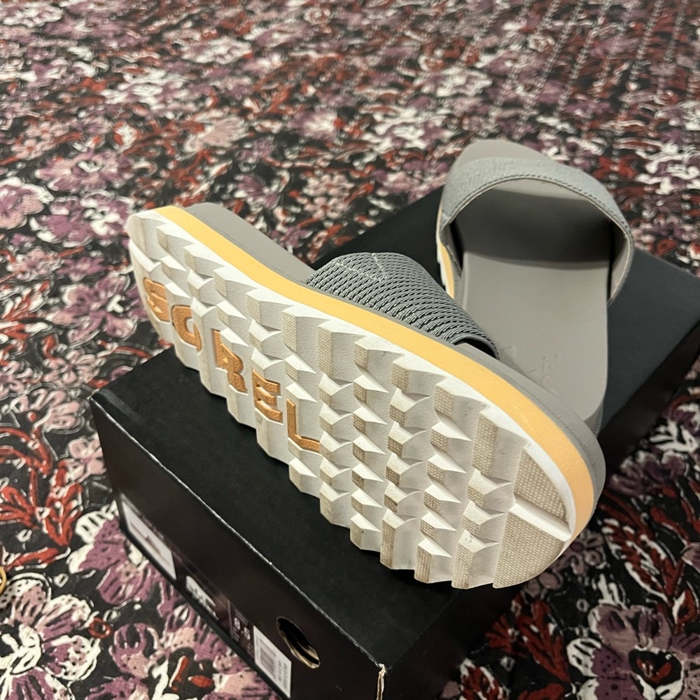 Sorel Gray and White Slide Sandals